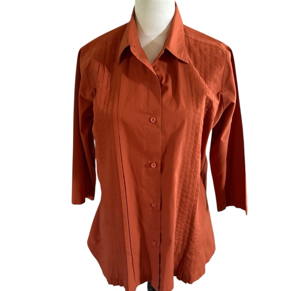 American Sweetheart Women's Rust Button-Up Top with a pleated front.